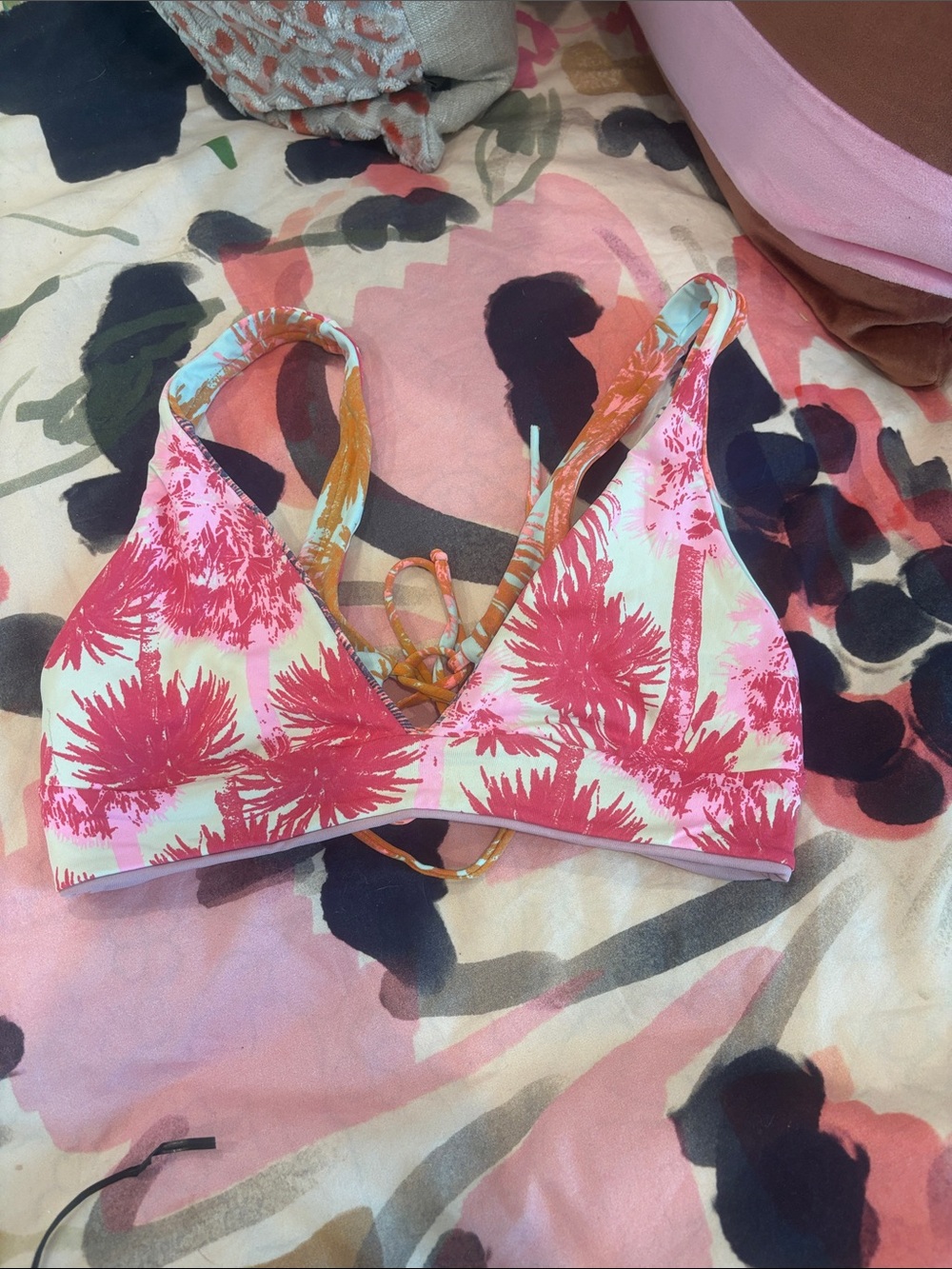 Maaji Pink and Coral Floral V-Neck Bikini Top